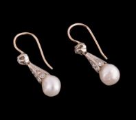 A pair of diamond and pearl earpendents, the pearls measuring approximately 7mm long from rose cut