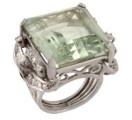 A green beryl and diamond dress ring, the square shaped green beryl in a four claw setting with a