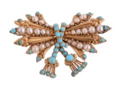 A 19th century gold turquoise and pearl tasselled bow brooch, circa 1840, of radiating design with