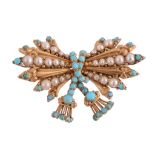 A 19th century gold turquoise and pearl tasselled bow brooch, circa 1840, of radiating design with