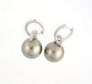 A pair of South Sea cultured pearl and diamond ear pendents, the black cultured pearls