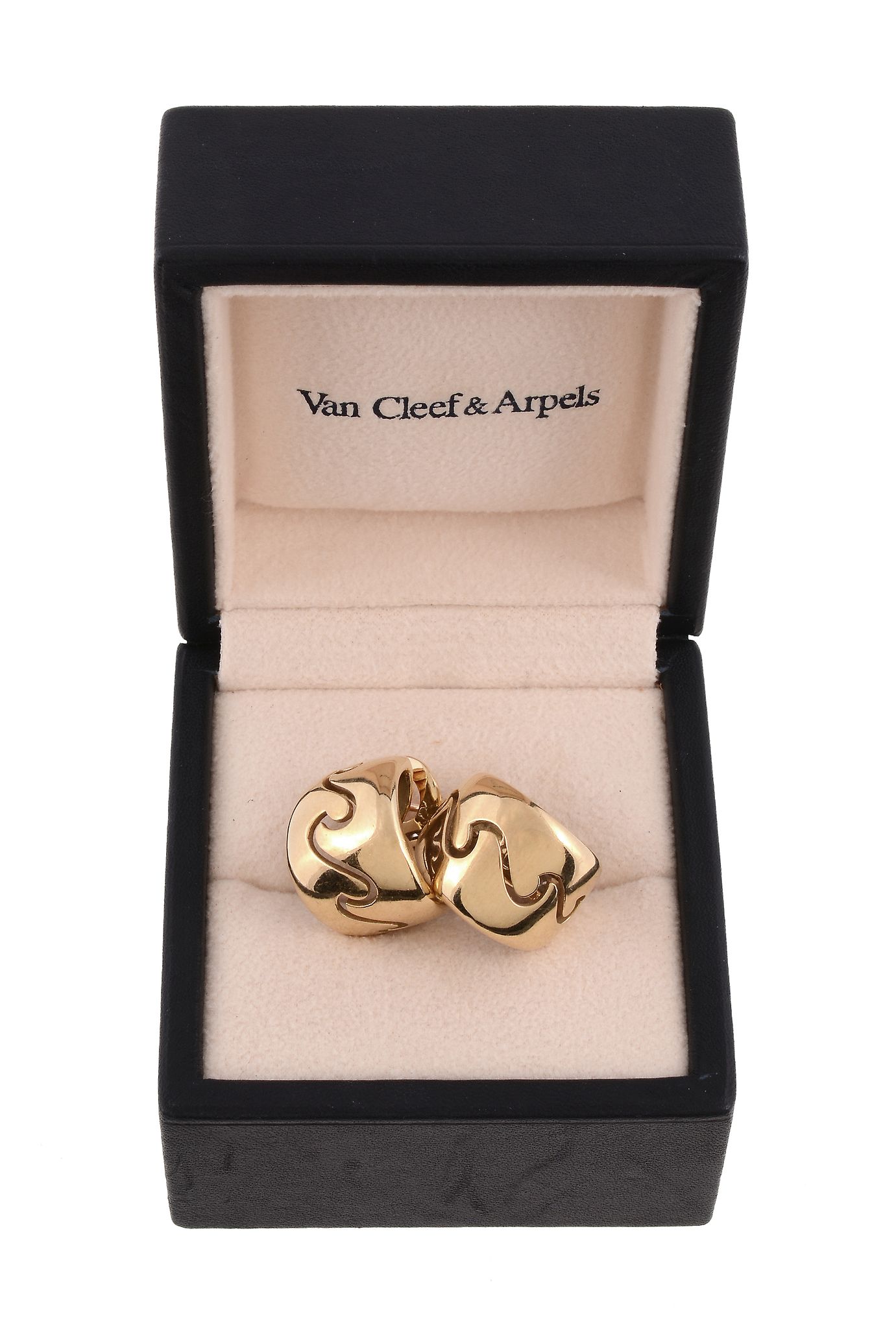 A pair of ear hoops by Van Cleef & Arpels, of broad polished arched design with pierced waved - Image 2 of 2