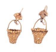 A pair of early 19th century basket ear pendants , circa 1830, the woven gold baskets each