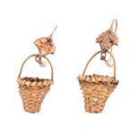 A pair of early 19th century basket ear pendants , circa 1830, the woven gold baskets each