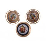 A pair of micro mosaic earrings, the circular panel set with a micro mosaic iridescent scarab