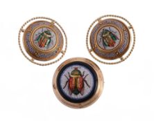 A pair of micro mosaic earrings, the circular panel set with a micro mosaic iridescent scarab