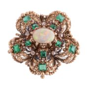An early 19th century gold, opal, emerald and diamond cannetille work brooch, circa 1840, designed