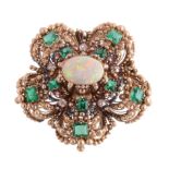 An early 19th century gold, opal, emerald and diamond cannetille work brooch, circa 1840, designed