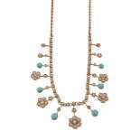 An Edwardian pearl and turquoise necklace, circa 1910, composed of flower head clusters set with
