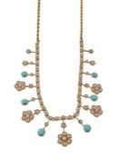 An Edwardian pearl and turquoise necklace, circa 1910, composed of flower head clusters set with