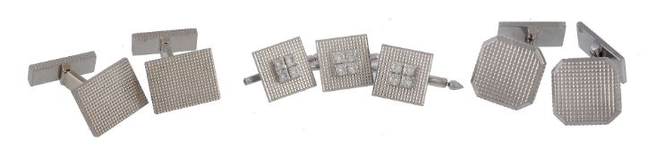 A pair of cufflinks by Piaget, the canted corner square shaped panels with grid detail, signed