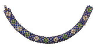 An enamel, diamond and emerald bracelet, the articulated bracelet composed of blue enamel links,