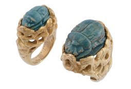 Two scarab set dress rings by Franco Cannilla for Masenza, each ring set with a blue glazed scarab