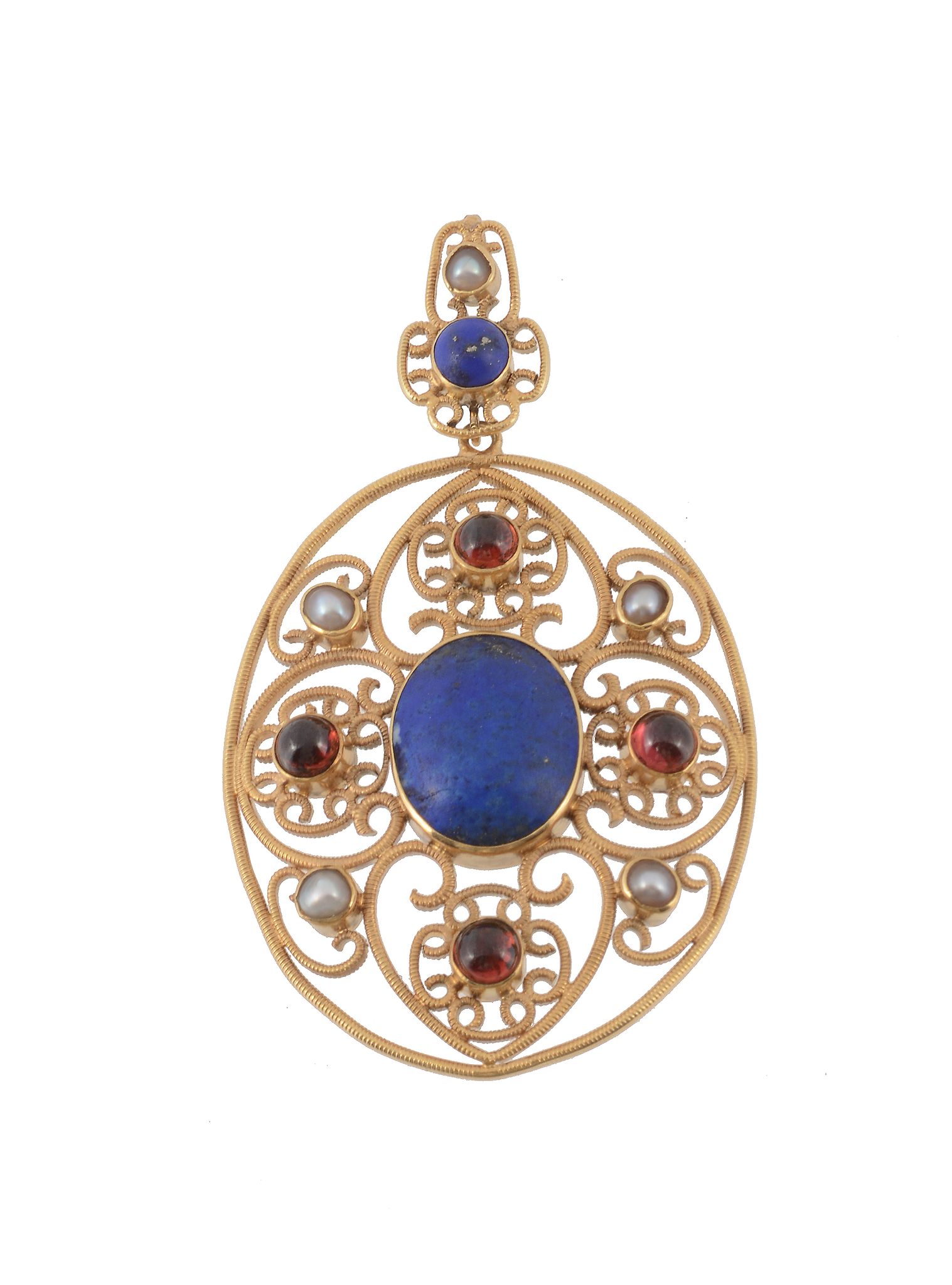 A late Victorian lapis lazuli, garnet and half pearl pendant by John Brogden , circa 1870, the