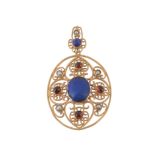 A late Victorian lapis lazuli, garnet and half pearl pendant by John Brogden , circa 1870, the