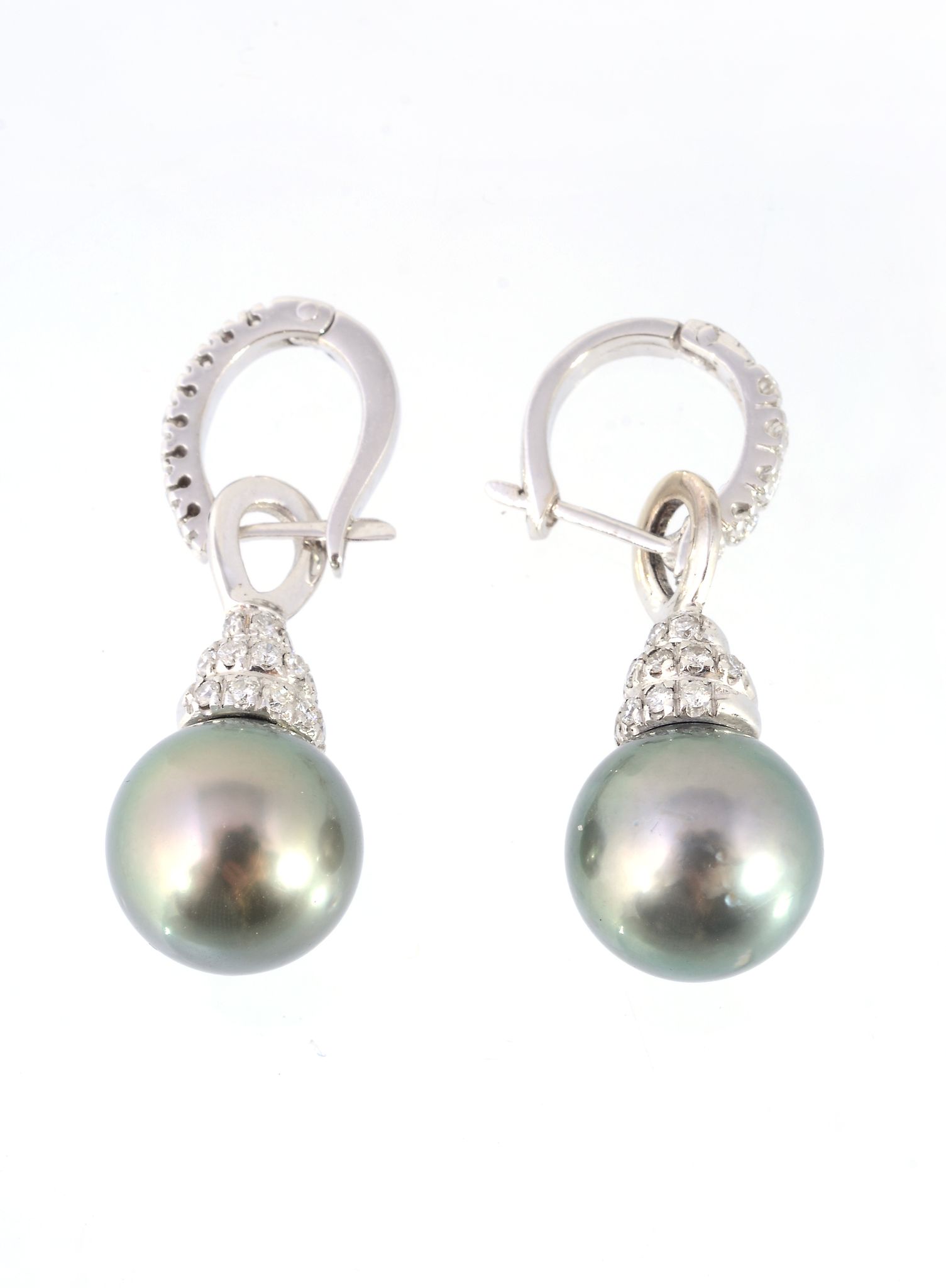 A pair of diamond and South Sea cultured pearl ear pendents, the diamond set earhoops with
