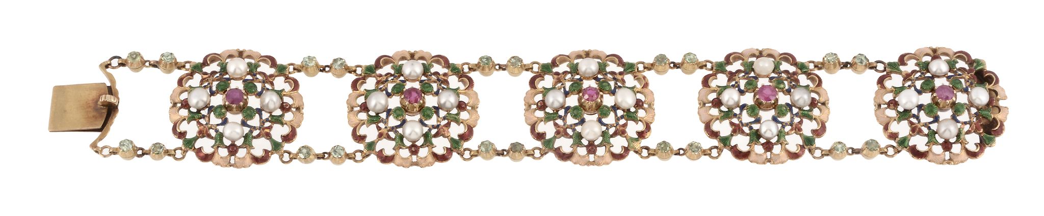 A late Victorian gold, enamel and gem set bracelet by Carlo and Arthur Giuliano, circa 1900, the