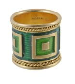 An 18 carat gold green enamel ring by Elizabeth Gage, the green enamel band with square panels and