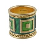 An 18 carat gold green enamel ring by Elizabeth Gage, the green enamel band with square panels and