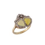 A late Victorian green agate and diamond ring, circa 1890, designed as two carved heart shaped