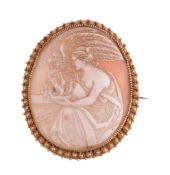 A late 19th Century shell cameo brooch, the oval shell cameo carved with the image of Hebe and the