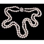 A two row cultured pearl necklace, the two rows of seventy two and eighty three uniform cultured