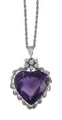 An amethyst and diamond heart pendant, the heart shaped amethyst claw set within a textured