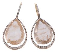 A pair of rutilated quartz and diamond ear pendents, the pear shaped rutilated quartz in a four