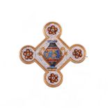 A 19th Century micro mosaic brooch, circa 1880, the quatrefoil brooch depicting a Roman vase on a