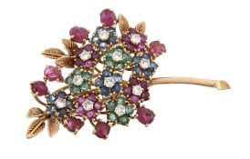 A diamond, ruby, sapphire and emerald foliate brooch, the floral spray set throughout with circular