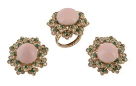 A pair of coral, diamond and emerald flower cluster ear clips and matching ring, the ear clips