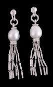 A pair of South Sea cultured pearl and diamond earrings, the 13.4mm South Sea cultured pearl