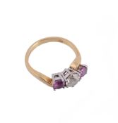 An 18 carat gold pink sapphire and diamond ring, the brilliant cut diamond estimated to weigh 0.85