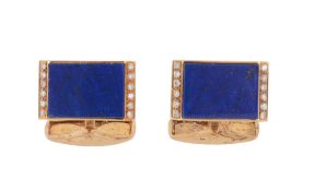 A pair of lapis lazuli and diamond cufflinks, the panels set with a rectangular lapis lazuli
