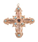 A Regency topaz, garnet, turquoise and seed pearl canetille cross pendant, circa 1820, centrally