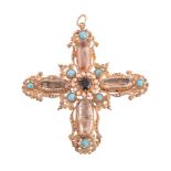 A Regency topaz, garnet, turquoise and seed pearl canetille cross pendant, circa 1820, centrally