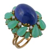 A lapis lazuli, chrysoprase and diamond ring, the central oval cabochon lapis lazuli claw set