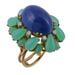 A lapis lazuli, chrysoprase and diamond ring, the central oval cabochon lapis lazuli claw set