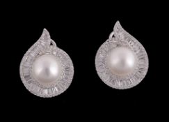 A pair of South Sea cultured pearl and diamond earrings, centrally set with a 10.4mm South Sea