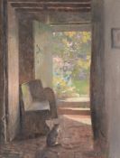 Frederick Hall (1860-1948) - The Cottage Cat Oil on board Signed lower left 41 x 33 cm. (16 x 13 in)