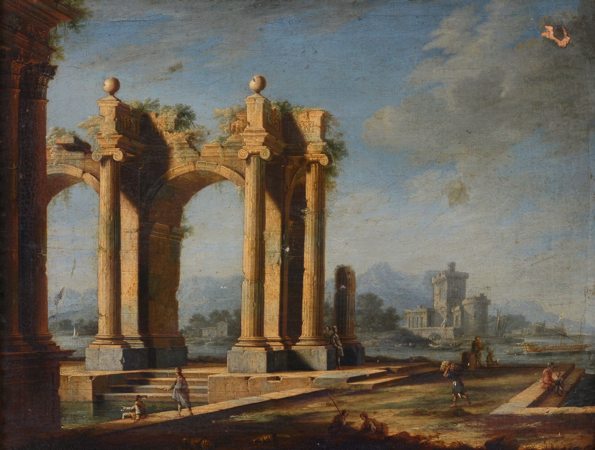 Gennaro Greco (1663–1714) - A capriccio of classical ruins, with a port and boats beyond Oil on