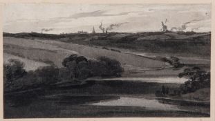 Thomas Girtin (1775-1802) - River landscape with distant windmill and town on the horizon Monochrome