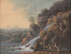 Thomas Walmsley (1763-1806) - A rocky outcrop waterwall, with woodland and mountains beyond