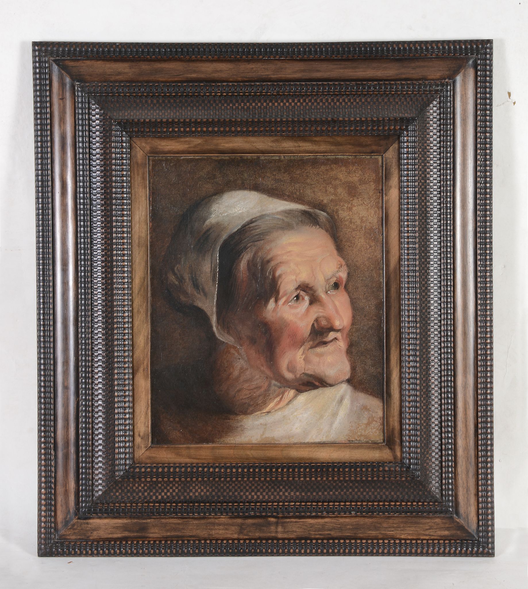 Attributed to Jacob Jordaens (1593-1678) - Study of an old woman's head, looking upwards to her - Image 2 of 2