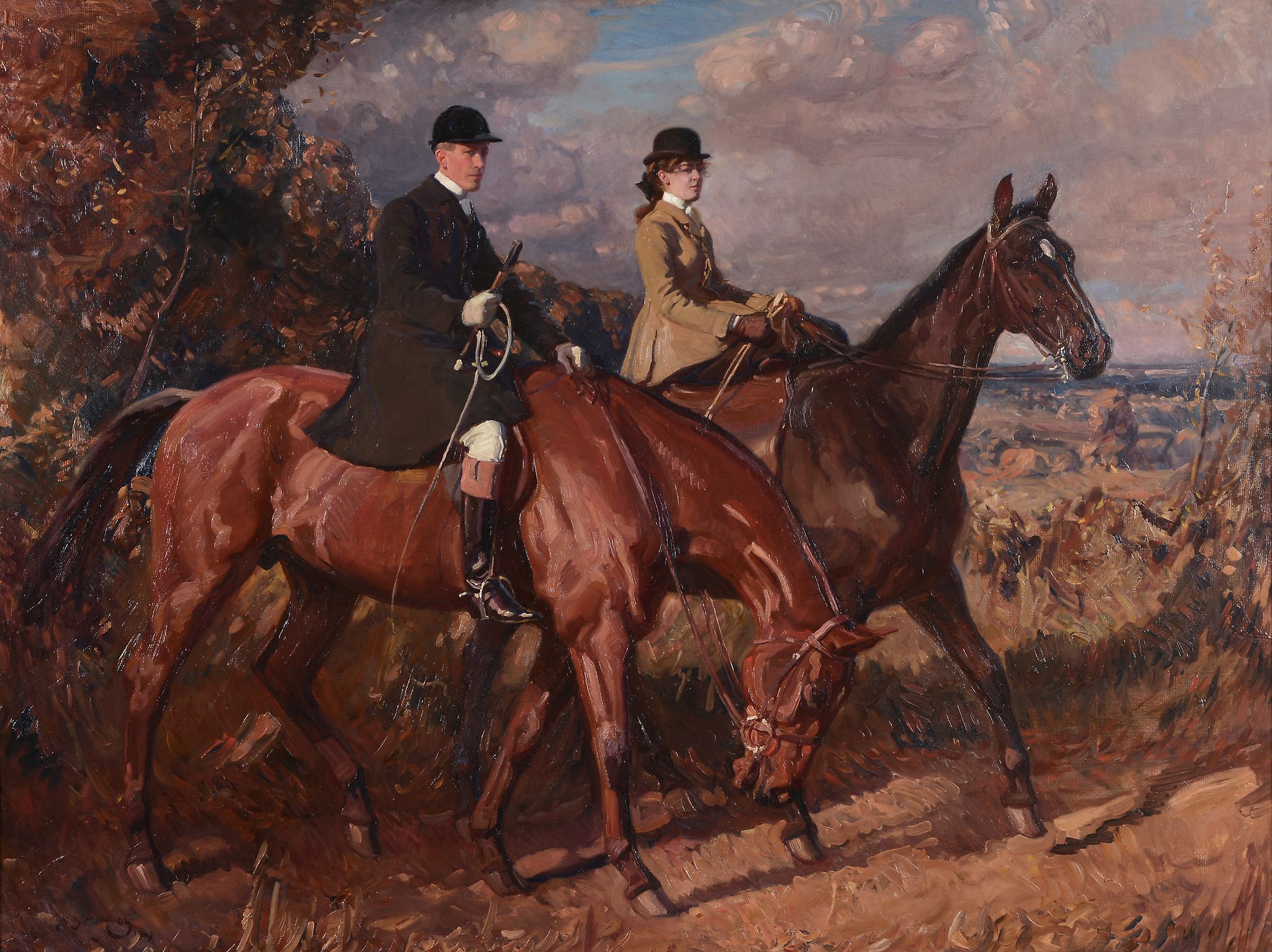 Sir Alfred James Munnings (1878-1959) - Going to The Meet, Captain. F. G Chamberlin and his sister