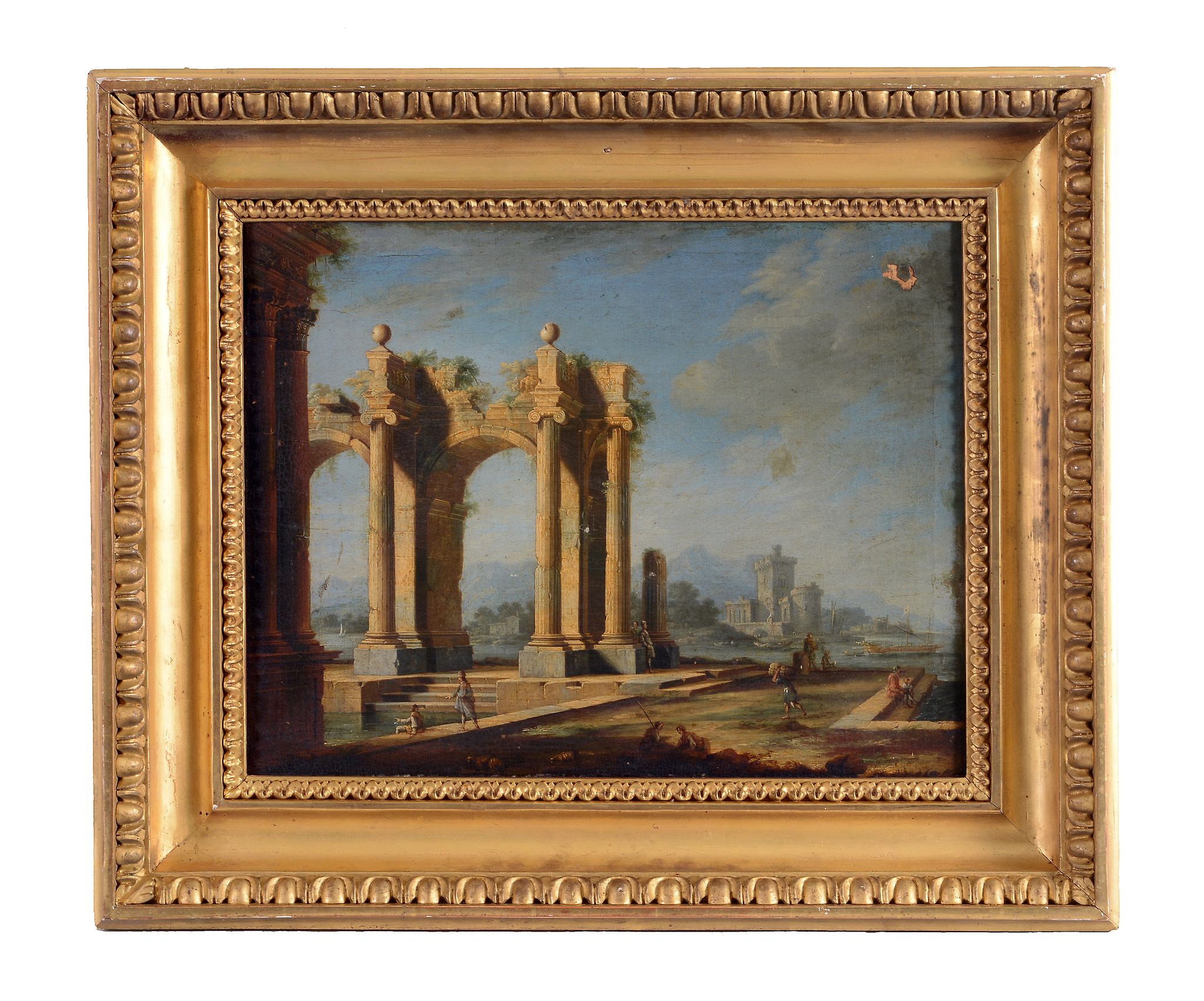 Gennaro Greco (1663–1714) - A capriccio of classical ruins, with a port and boats beyond Oil on - Image 2 of 3
