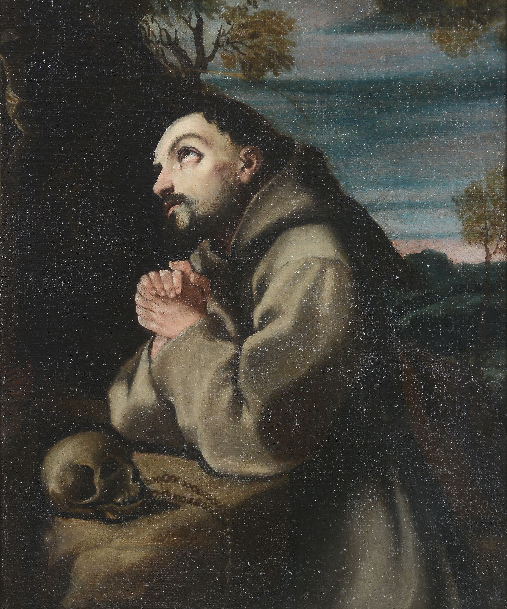 Follower of Alonso Cano - Saint Francis in the wilderness praying to a crucifix Oil on canvas 45.5 x