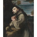 Follower of Alonso Cano - Saint Francis in the wilderness praying to a crucifix Oil on canvas 45.5 x