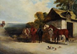 John Frederick Herring the Elder (1795-1865) - Four relief coach horses outside a stable, with a