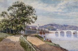 Claude Rowbotham (1864-1949) - Fishing by Richmond Bridge Watercolour, brush and ink, heightened